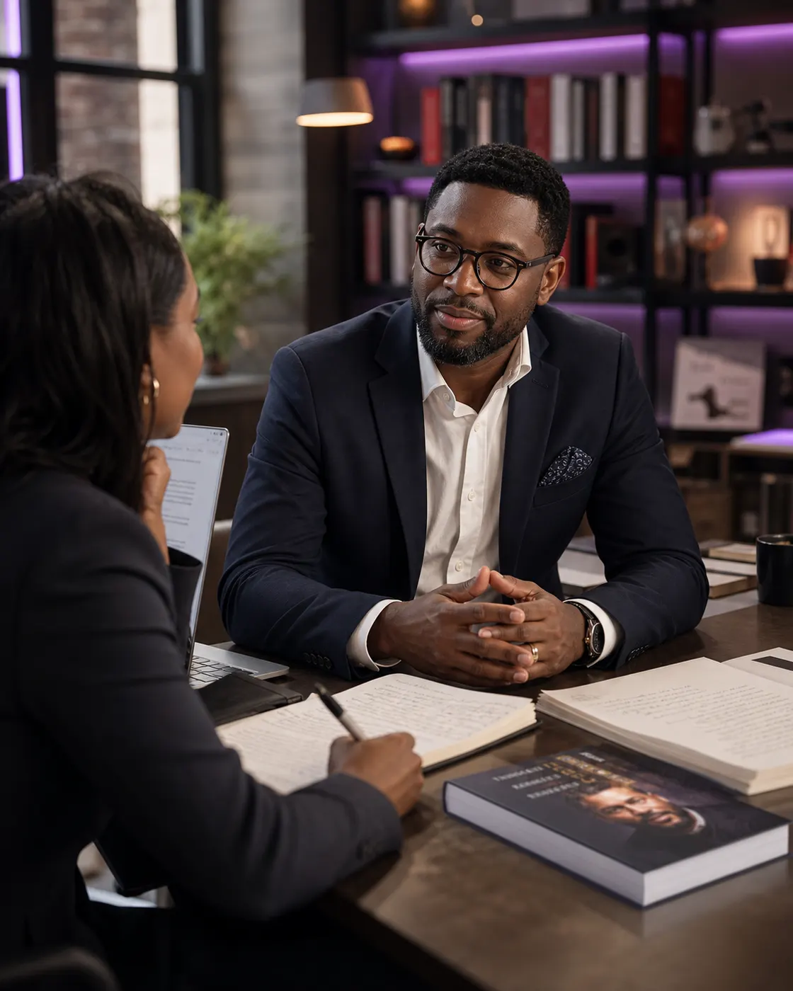 A Clasier author discussing their book with a publishing advisor